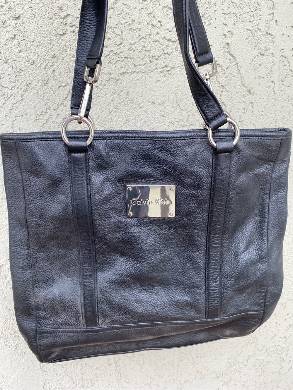 Calvin Klein Black Pebbled Leather Tote with Silver Plaque